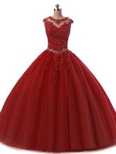 Artistic Sleeveless Tulle Floor Length Lace Up Sweet 16 Quinceanera Dress in Wine Red with Beading and Lace