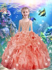  Watermelon Red Sleeveless Floor Length Beading and Ruffles Lace Up Little Girls Pageant Dress