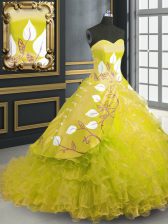 On Sale Yellow Sleeveless Organza Brush Train Lace Up Quinceanera Gowns for Military Ball and Sweet 16 and Quinceanera