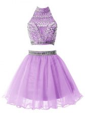 Glorious Lilac High-neck Neckline Beading Court Dresses for Sweet 16 Sleeveless Zipper