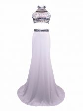  White Chiffon Zipper Prom Dresses Sleeveless Brush Train Beading