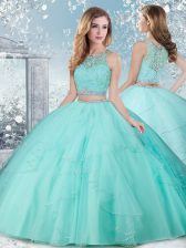 Deluxe Aqua Blue Ball Gowns Tulle Scoop Sleeveless Beading Floor Length Clasp Handle Quinceanera Gowns