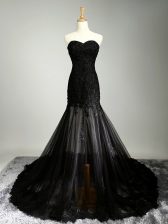 Delicate Mermaid Prom Gown Black Sweetheart Tulle Sleeveless Lace Up