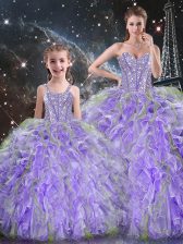 Chic Lavender Organza Lace Up Ball Gown Prom Dress Sleeveless Floor Length Beading and Ruffles