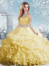 Fabulous Floor Length Yellow 15 Quinceanera Dress Organza Sleeveless Beading and Ruffles and Pick Ups