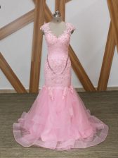 Modest Baby Pink V-neck Neckline Beading and Lace and Appliques and Ruffles Cap Sleeves Backless