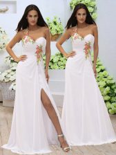 Attractive White Column/Sheath Sweetheart Sleeveless Elastic Woven Satin Floor Length Zipper Appliques and Ruching 
