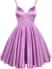  Lilac A-line Spaghetti Straps Sleeveless Elastic Woven Satin Knee Length Lace Up Lace Court Dresses for Sweet 16