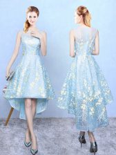 Stylish Embroidery Dama Dress Aqua Blue Zipper Sleeveless High Low