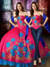 Ideal Hot Pink Lace Up Strapless Embroidery Sweet 16 Dresses Taffeta Sleeveless
