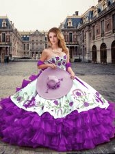 Attractive Organza Sweetheart Sleeveless Lace Up Embroidery and Ruffled Layers Sweet 16 Dress in Eggplant Purple