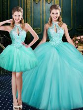 Shining Aqua Blue Lace Up Halter Top Beading and Pick Ups Quinceanera Gown Tulle Sleeveless