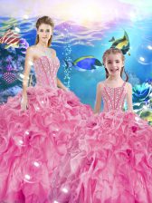 Flare Rose Pink Sweetheart Neckline Beading and Ruffles Sweet 16 Dress Sleeveless Lace Up