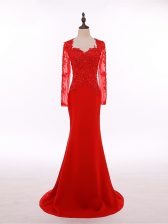 Noble Red Scoop Neckline Lace and Appliques Homecoming Dress Long Sleeves Zipper