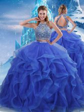  Halter Top Sleeveless Zipper Sweet 16 Dresses Royal Blue Organza