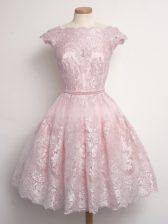 Hot Selling Baby Pink Cap Sleeves Lace Knee Length Quinceanera Court Dresses