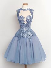  A-line Vestidos de Damas Light Blue High-neck Chiffon Sleeveless Knee Length Lace Up