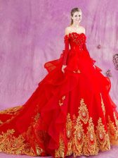  Sleeveless Court Train Lace Up Appliques and Ruffles 15 Quinceanera Dress