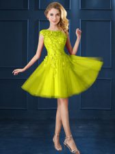Traditional Yellow A-line Bateau Cap Sleeves Tulle Knee Length Lace Up Lace and Appliques Dama Dress for Quinceanera