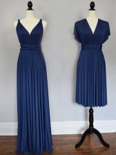 Pretty Navy Blue Straps Neckline Ruching Dama Dress for Quinceanera Sleeveless Lace Up