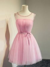  Knee Length Empire Sleeveless Rose Pink Dama Dress for Quinceanera Lace Up