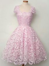  A-line Quinceanera Court Dresses Lilac Straps Lace Cap Sleeves Knee Length Lace Up