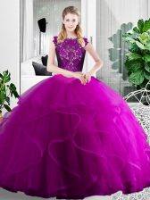 Cheap Fuchsia Two Pieces Lace and Ruffles Sweet 16 Dresses Zipper Tulle Sleeveless Floor Length