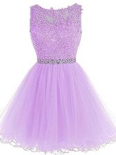 Excellent Lavender Zipper Evening Dress Beading and Lace and Appliques Sleeveless Mini Length