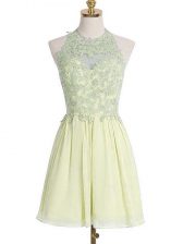  Light Yellow Empire Halter Top Sleeveless Chiffon Knee Length Lace Up Appliques Dama Dress