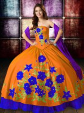  Orange Red Lace Up Strapless Embroidery Ball Gown Prom Dress Taffeta Sleeveless