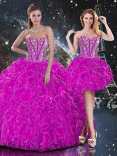  Fuchsia Sweet 16 Quinceanera Dress Military Ball and Sweet 16 and Quinceanera with Beading and Ruffles Sweetheart Sleeveless Lace Up