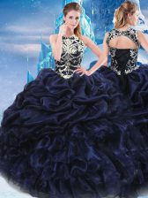 Inexpensive Sleeveless Floor Length Appliques and Ruffles and Pick Ups Lace Up Quinceanera Gowns with Navy Blue