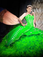 Spectacular Embroidery and Ruffles 15th Birthday Dress Green Lace Up Sleeveless With Brush Train