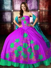 Most Popular Strapless Sleeveless Satin Quince Ball Gowns Embroidery Lace Up