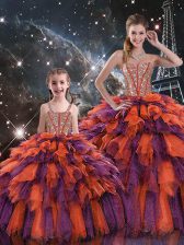 Custom Fit Multi-color Ball Gowns Beading and Ruffles and Ruffled Layers Quince Ball Gowns Lace Up Organza Sleeveless Floor Length