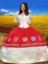Flare Red Ball Gowns Taffeta Off The Shoulder 3 4 Length Sleeve Embroidery Floor Length Lace Up 15 Quinceanera Dress