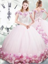 Suitable Fabric With Rolling Flowers Off The Shoulder Sleeveless Brush Train Lace Up Hand Made Flower Sweet 16 Dresses in Pink 