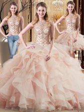  Peach Sleeveless Tulle Brush Train Lace Up 15th Birthday Dress for Military Ball and Sweet 16 and Quinceanera