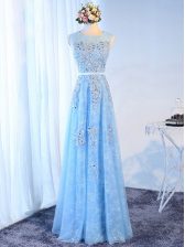 Nice Floor Length Baby Blue Tulle Sleeveless Beading and Lace and Appliques and Belt