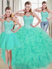  Turquoise Sweet 16 Dresses Prom and Party and Military Ball and Sweet 16 and Quinceanera with Beading and Ruffled Layers Sweetheart Sleeveless Brush Train Lace Up