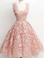 Attractive Knee Length Zipper Court Dresses for Sweet 16 Peach for Prom and Party and Wedding Party with Lace