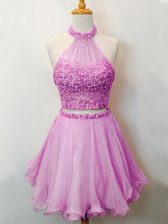 Smart Lilac Organza Lace Up Halter Top Sleeveless Knee Length Vestidos de Damas Beading