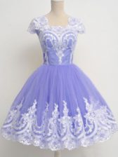 Cute Tulle Square Cap Sleeves Zipper Lace Vestidos de Damas in Lavender