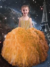 Trendy Orange Red Sleeveless Beading and Ruffles Floor Length Little Girls Pageant Dress
