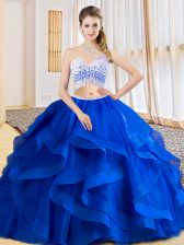 Customized Royal Blue Tulle Criss Cross One Shoulder Sleeveless Floor Length Quince Ball Gowns Beading and Ruffles