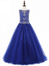 Perfect Tulle Scoop Sleeveless Lace Up Beading Pageant Gowns For Girls in Royal Blue