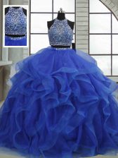 Edgy Royal Blue Organza Lace Up 15th Birthday Dress Sleeveless Floor Length Beading and Ruffles
