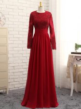 Popular Wine Red Zipper Scoop Lace and Appliques Evening Dress Chiffon Long Sleeves