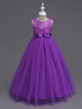  A-line Little Girl Pageant Dress Purple Scoop Tulle Sleeveless Floor Length Zipper