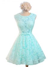  Aqua Blue Scoop Neckline Belt Vestidos de Damas Sleeveless Lace Up